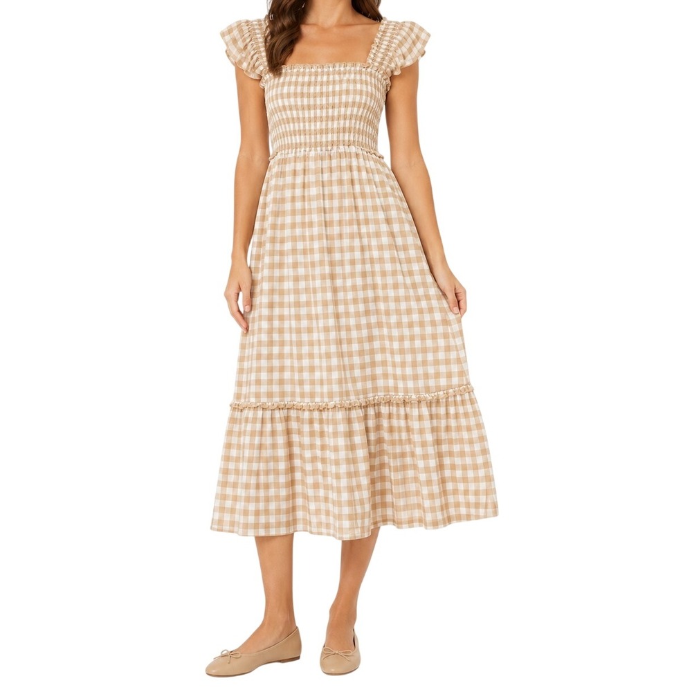Gingham Smocked Midi Dress Womens Size S Tan Boho Cottagecore